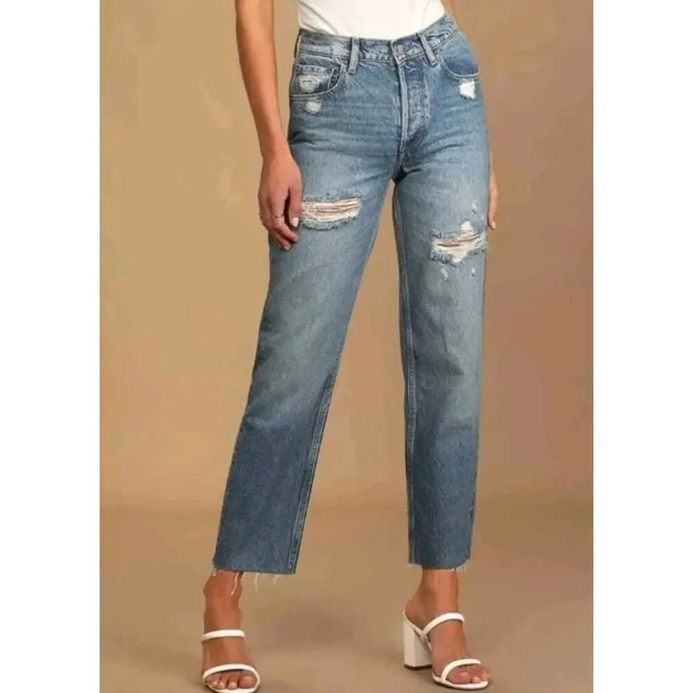 Revolve Boyish Tommy High-Rise Straight Distressed Jeans Button Fly 27 Raw Hem - Picture 2 of 9